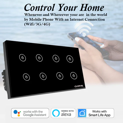 Clopal 8 Gang Black Smart Touch WIFI Switch Series with Mobile Control, Voice Control Compatible with ALEXA, Google Assistant and IFTTT 1 Clopal 8 Gang Black Smart Touch WIFI Switch Series with Mobile Control, Voice Control Compatible with ALEXA, Google Assistant and IFTTT