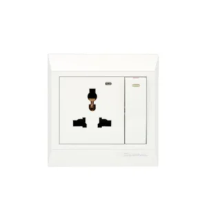 Clopal Pure White Series wall plate with a universal power socket and a light plug switch featuring LED indicator in white finish