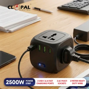 Clopal Cube Extension 2500W Power Strip with 3 AC Sockets, 2 USB-C & 2 USB-A – 2M Heavy Duty Wire | Buy Extension Boards/Sockets Online at the best price in Pakistan.